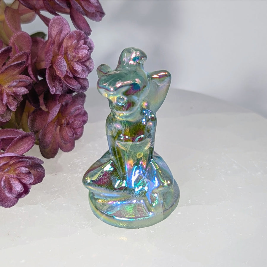 Iridescent Rose Quartz Tinker Bell Carving Figurine, 2 Inch Seated Animal