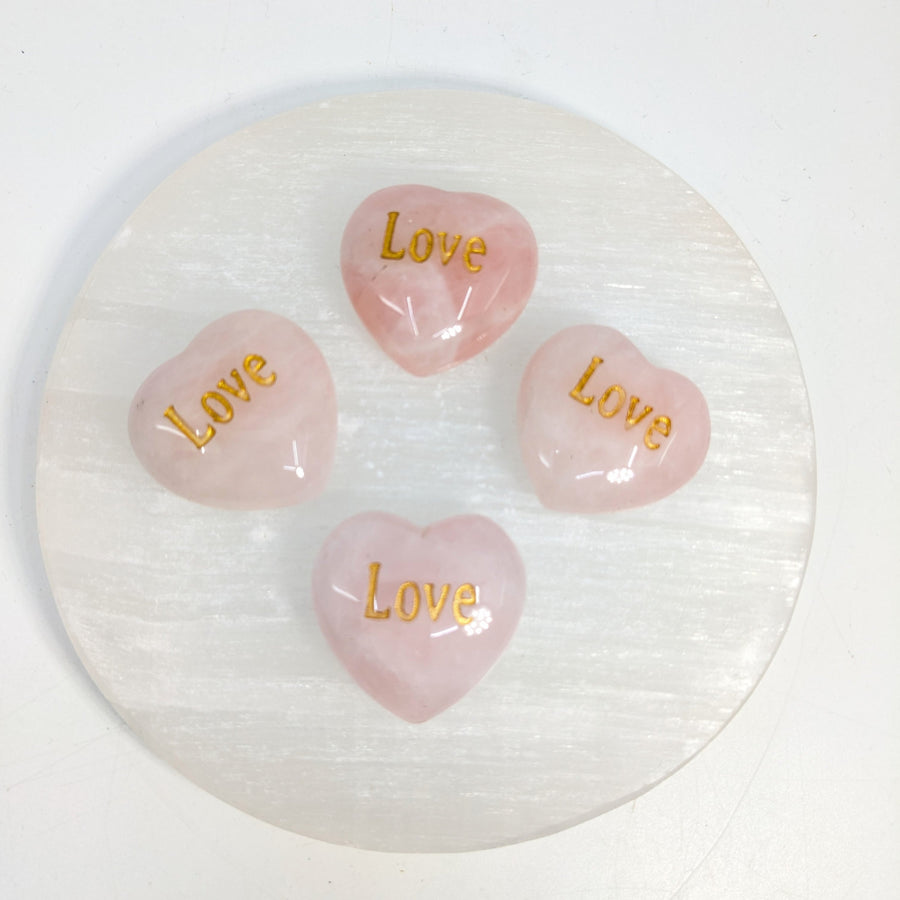 Pink heart-shaped Rose Quartz stones with Love inscription for romantic gift, 1 inch size