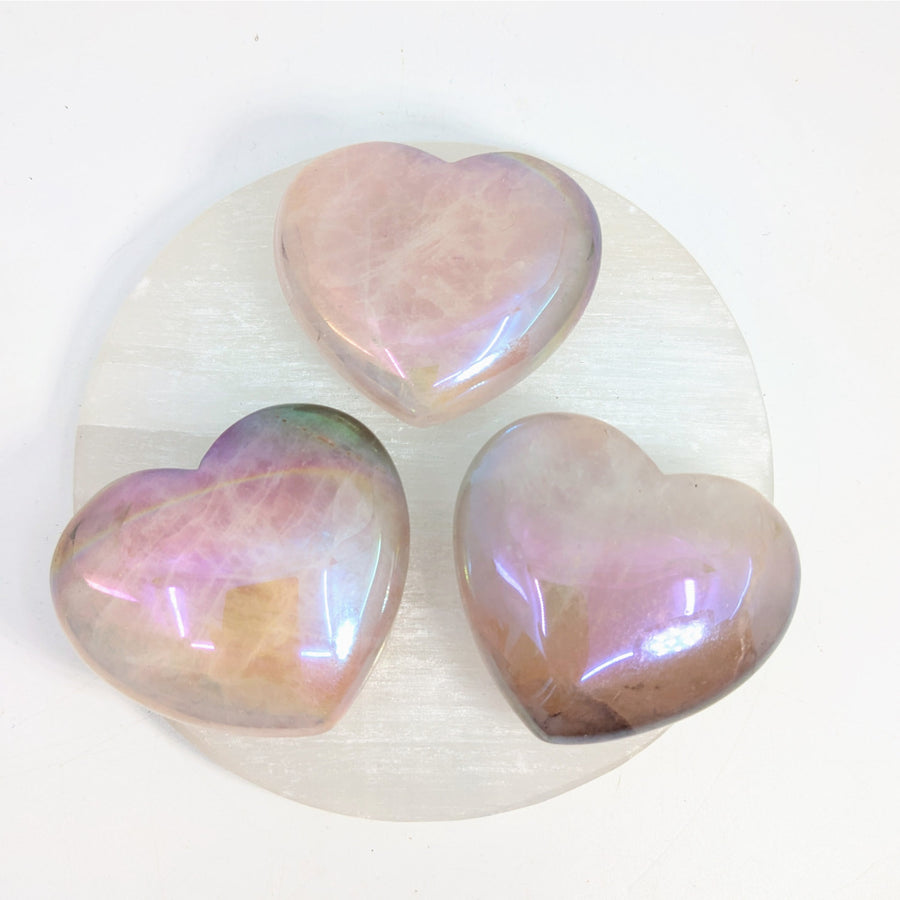 Iridessent heart-shaped stones in Rose Quartz with Angel Aura finish for jewelry or decor