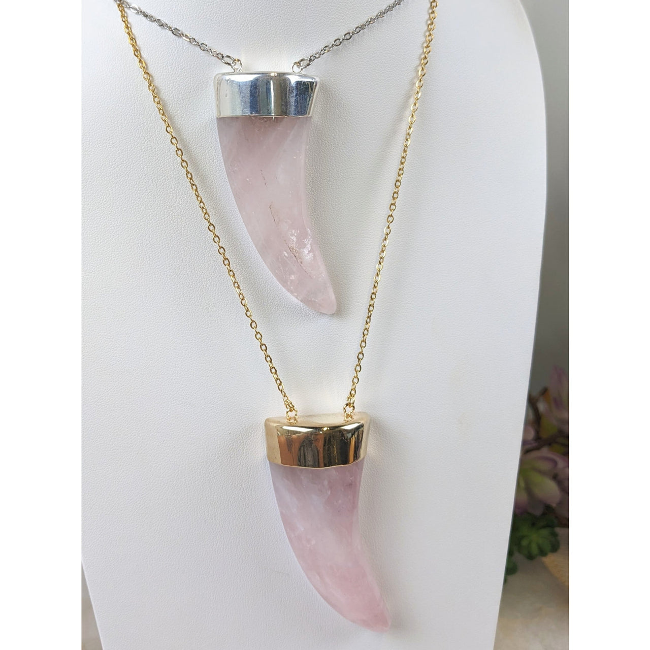 Rose Quartz Horn Shape Pendant 28’’ Necklace #LV5590 - $90