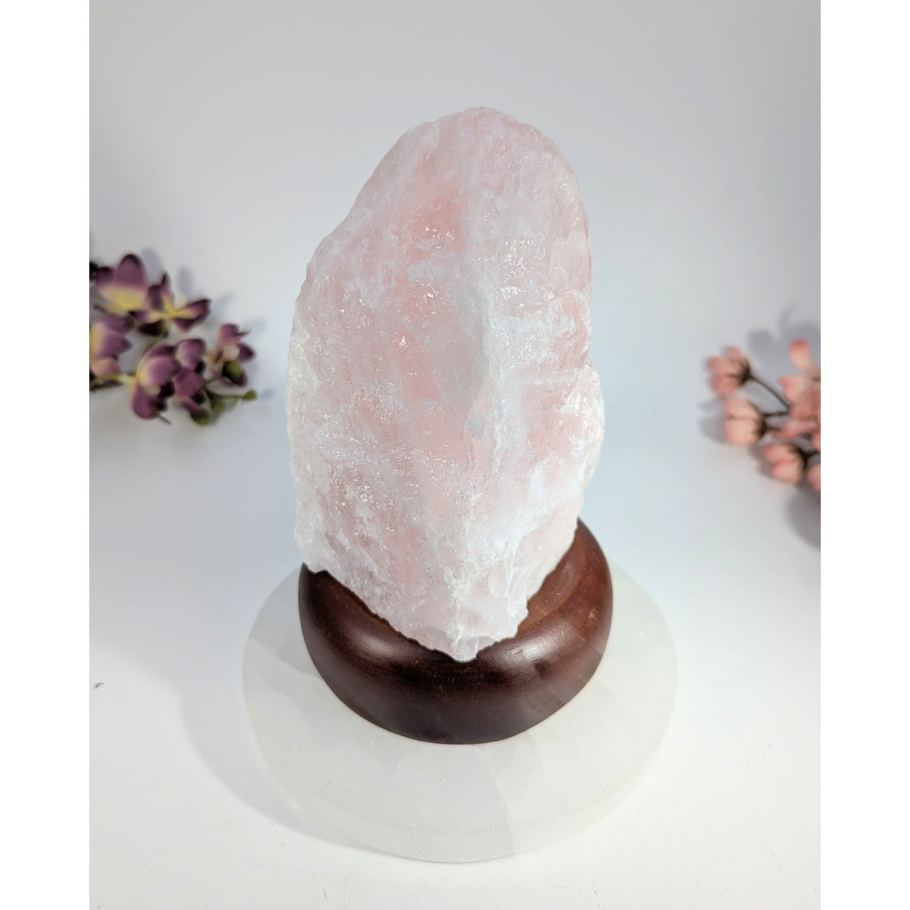 Pink Himalayan salt lamp on dark wood base, 7 inch #BC0470