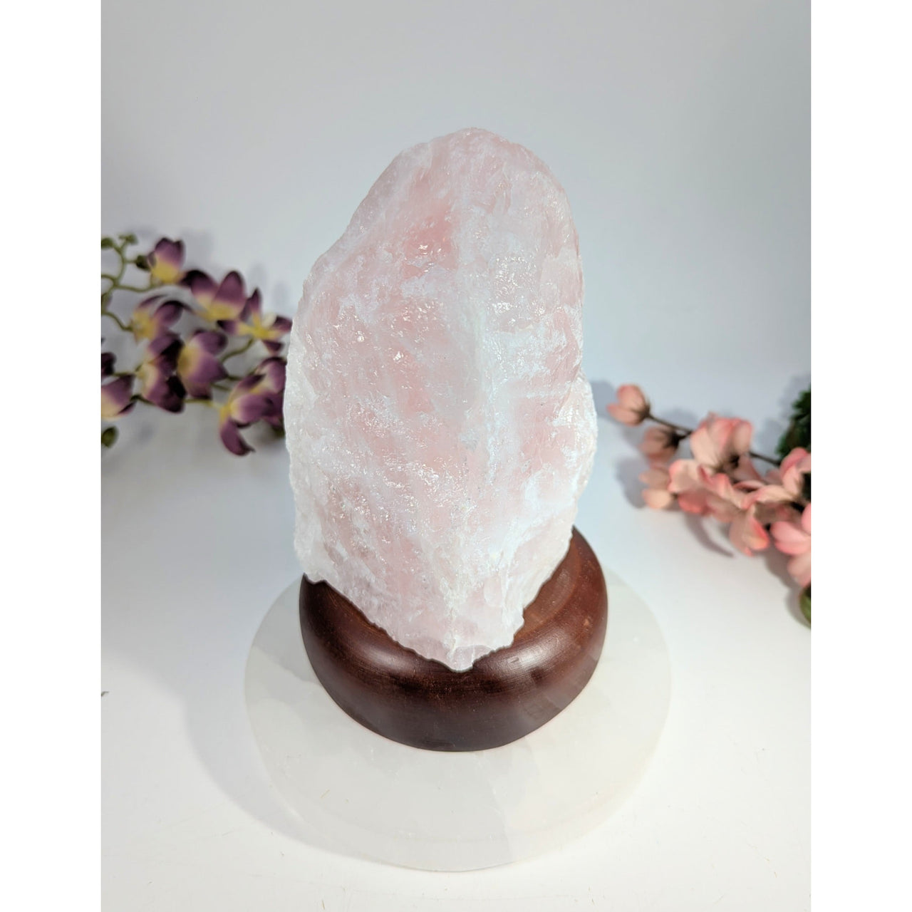 Pink Himalayan salt lamp on wooden base, 7 inch rose quartz style #BC0470