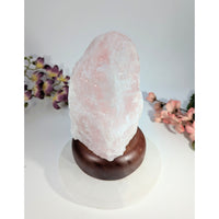 Pink Himalayan salt lamp on wooden base, 7 inch rose quartz style #BC0470