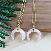 Two rose quartz moon pendants on 18-inch gold necklaces LV9191