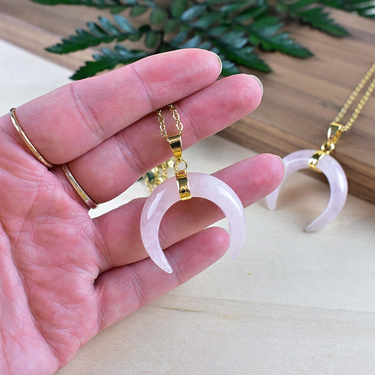 Delicate pale pink rose quartz moon pendant on 18-inch gold necklace LV9191