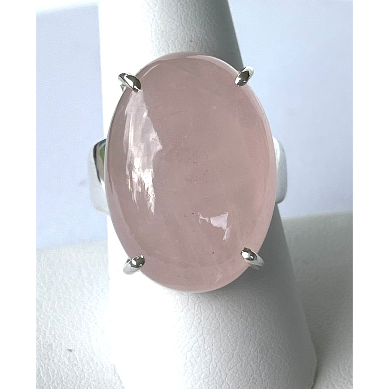 Rose Quartz Ring Oval SS Sz 9 VT011 - Pink Quartz Ring on White Surface for Sale