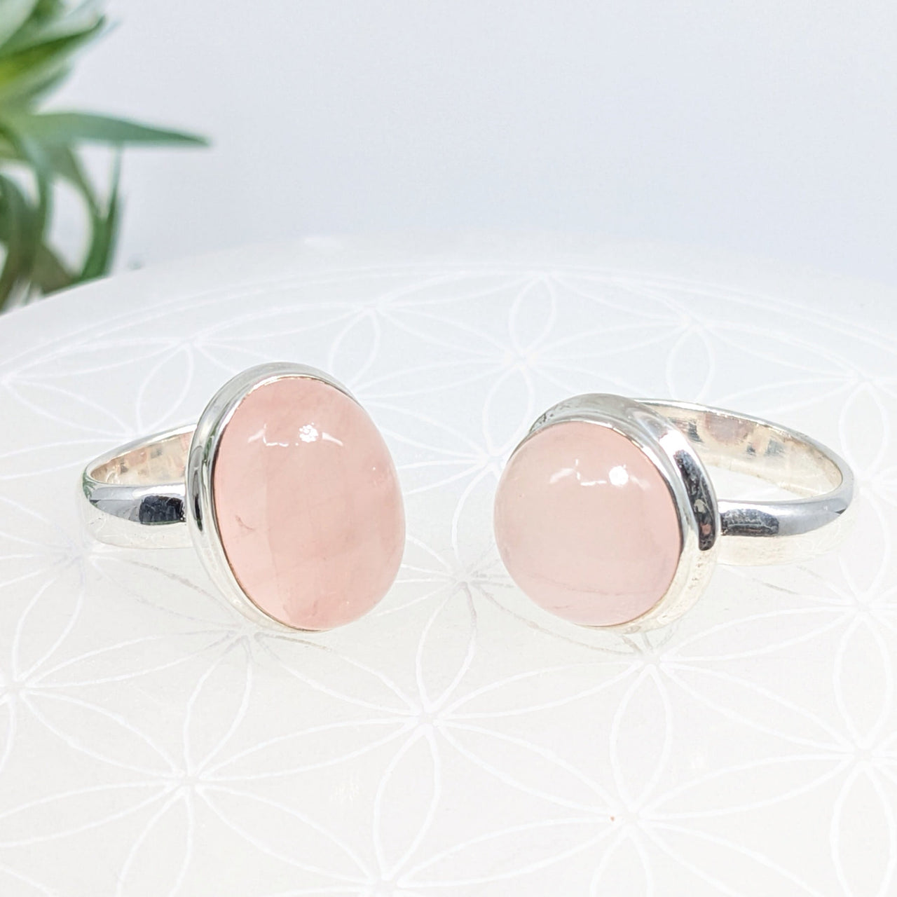 Two silver rings with oval rose quartz stones, featured in Rose Quartz S.S. Ring #LV7032