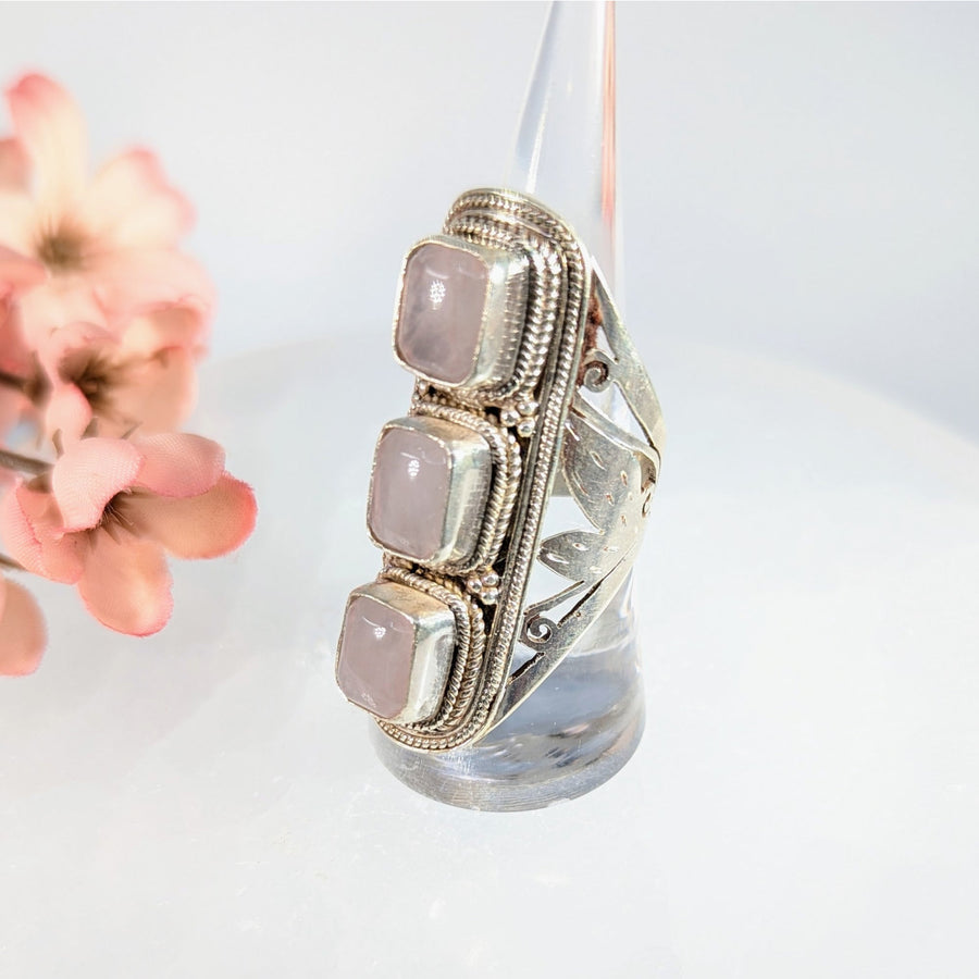 Rose Quartz Sz 9 Triple Stone Ring S.S. #LV9853 - $189