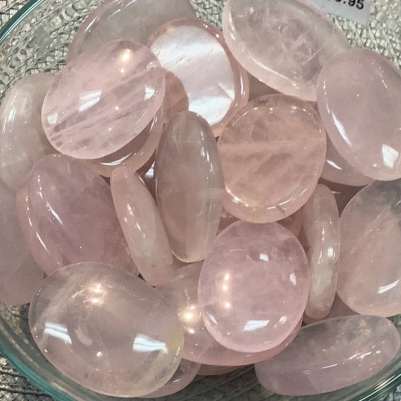 Polished Rose Quartz Thumb Stone #P115 showcasing rounded, tumbled crystal form