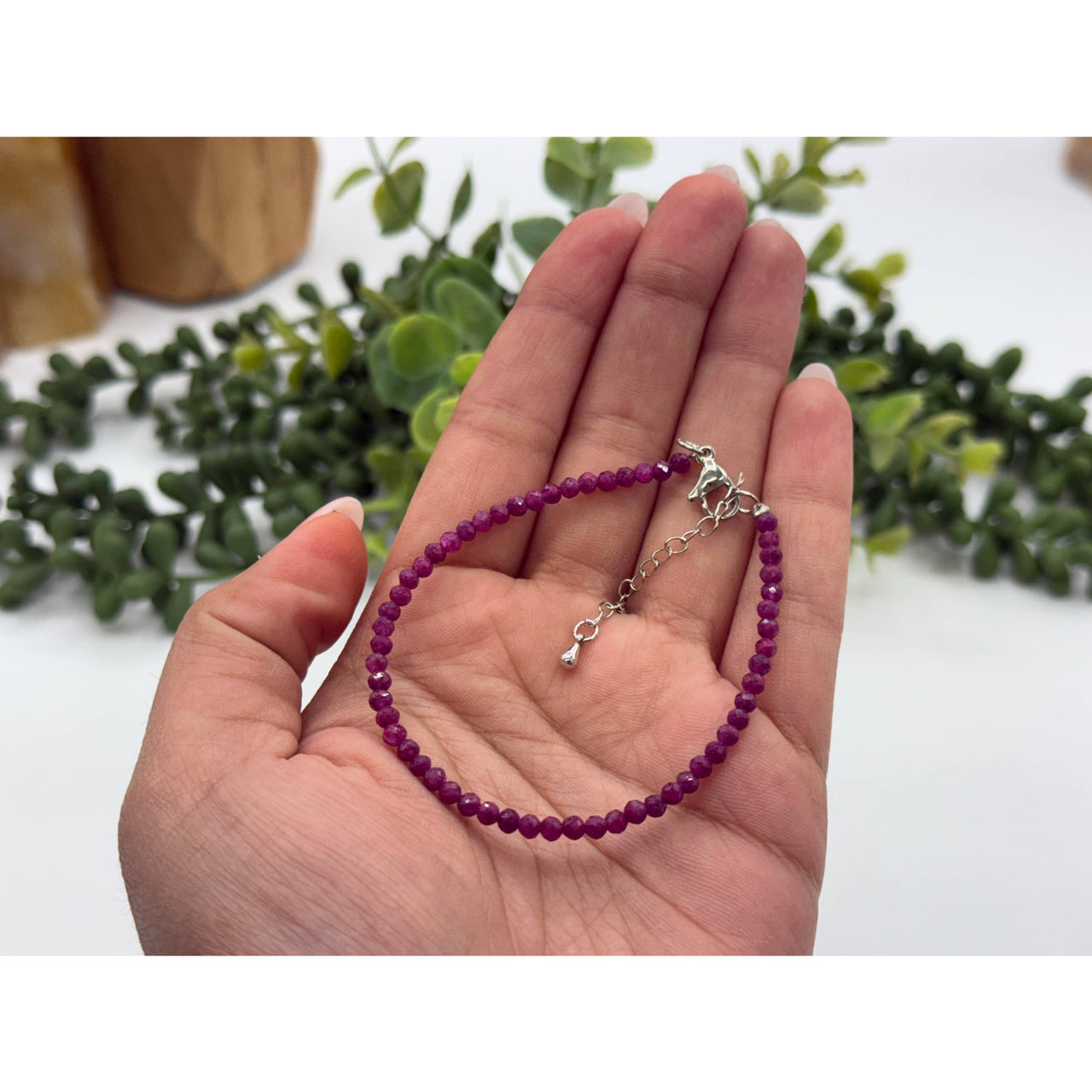 Purple beaded Ruby bracelet with gold clasp and faceted 3mm beads