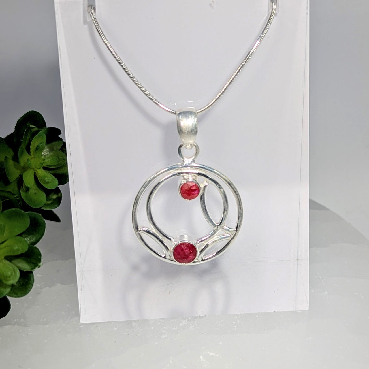 Silver Ruby Faceted 1.5 Inch Circle Pendant Necklace #BC0675