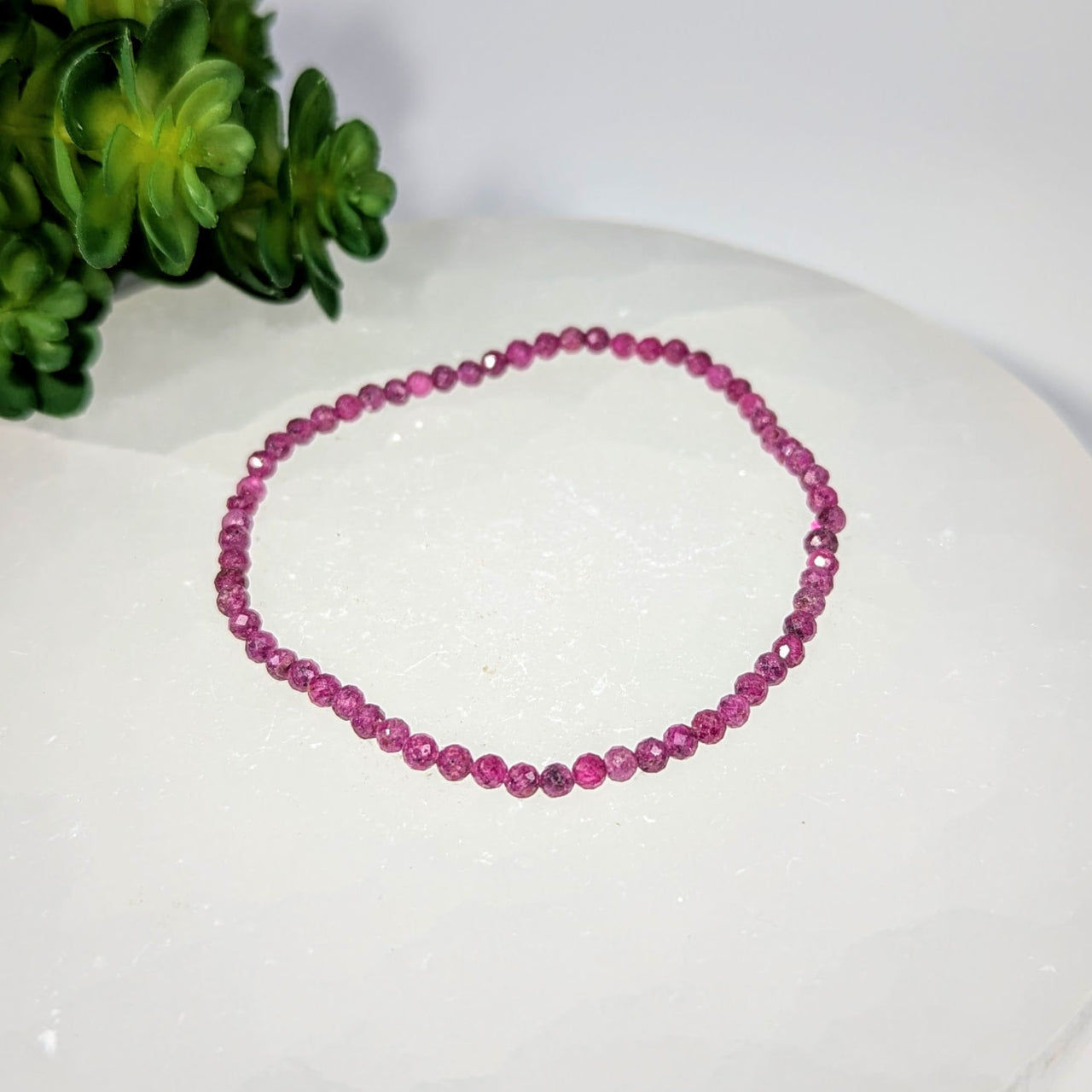 Delicate pink ruby faceted 3mm beads 7-inch bracelet #BC0282