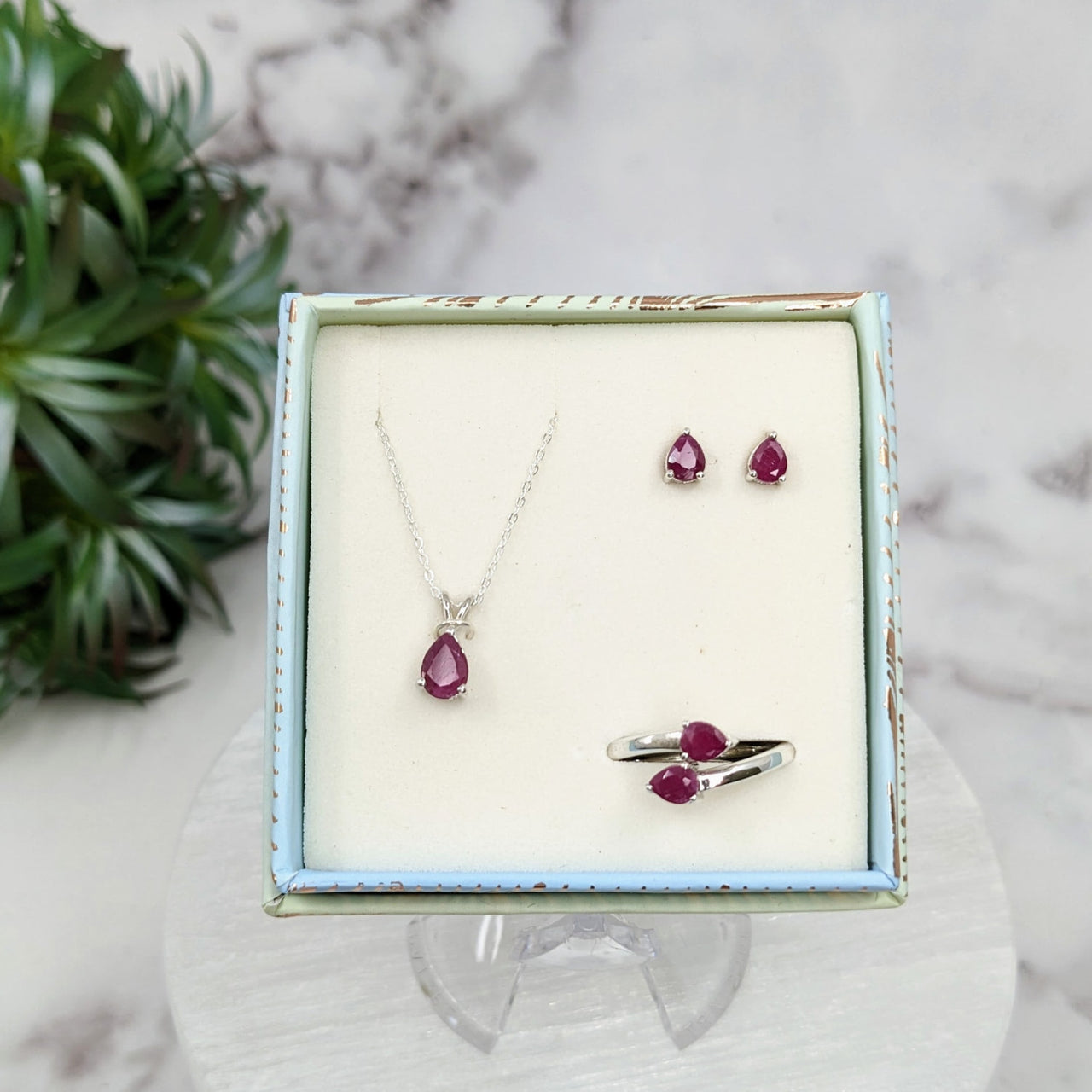 Ruby Faceted Jewelry Set: Sterling Silver Earrings, Pendant, Adjustable Ring in Box #LV3233