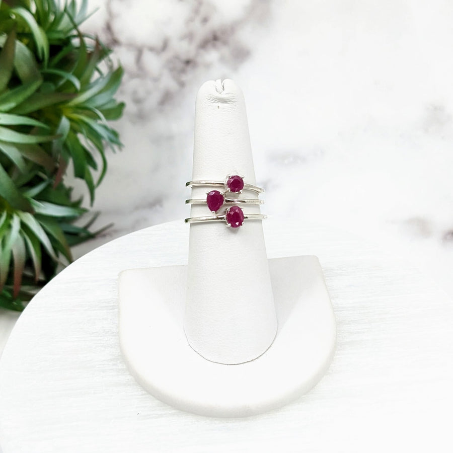 White gold ring with ruby stone, Ruby Faceted Prong Setting Sterling Silver Ring #LV3225