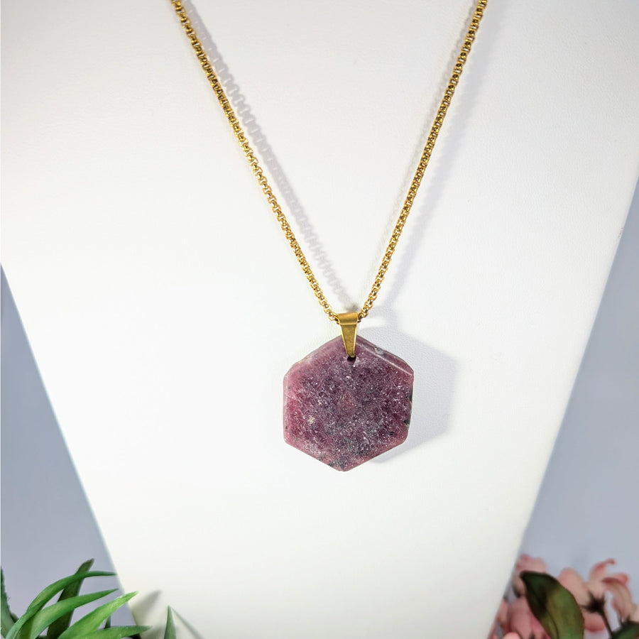Gold chain necklace with hexagonal pink gemstone pendant for Ruby Hexagon 18 inch Crystal Necklace Gold Pl #LV8601