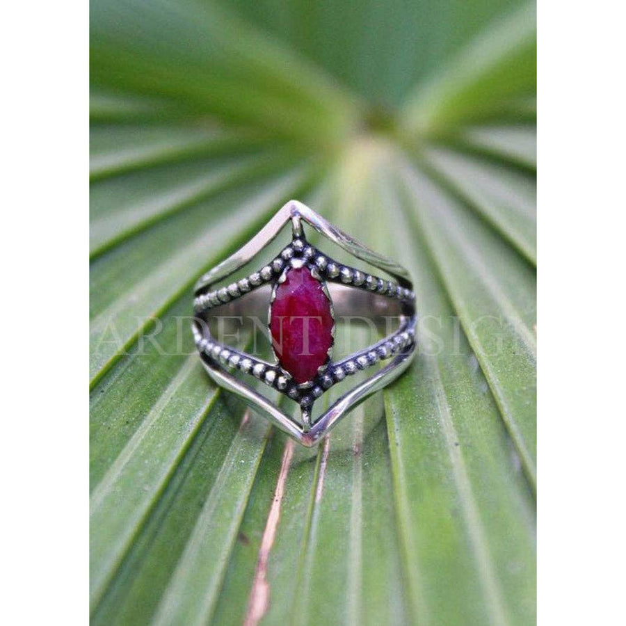 Ruby Ring Dual Chevron Sterling Silver Band Marquise Stone