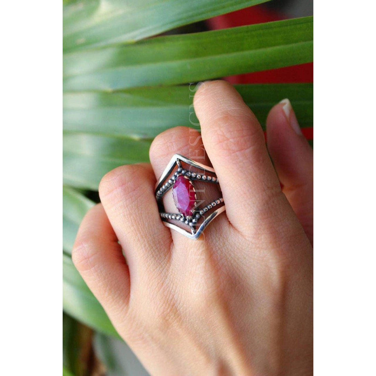 Ruby Ring Dual Chevron Sterling Silver Band Marquise Stone