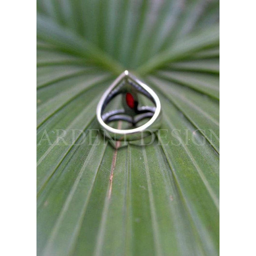 Ruby Ring Dual Chevron Sterling Silver Band Marquise Stone