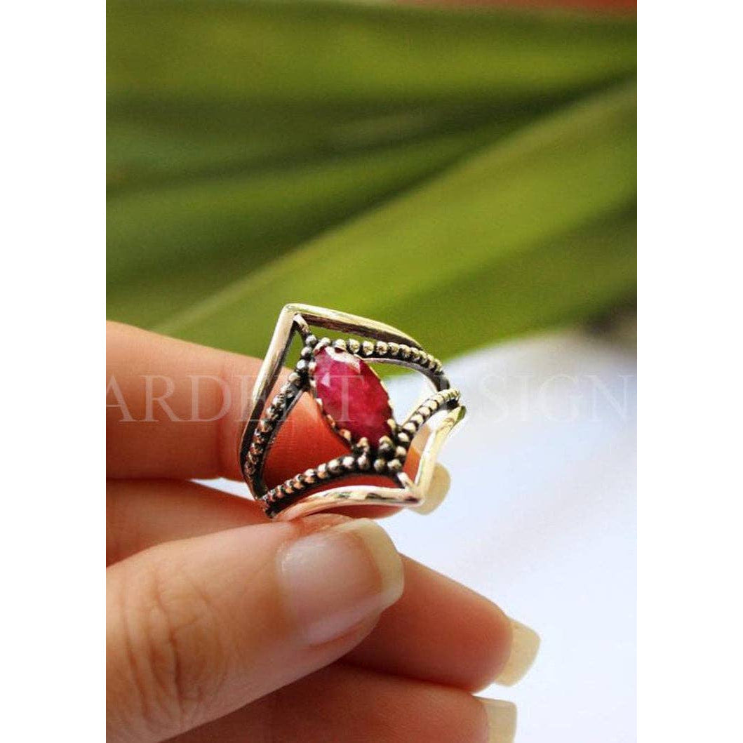 Ruby Ring Dual Chevron Sterling Silver Band Marquise Stone