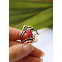 Ruby Ring Dual Chevron Sterling Silver Band Marquise Stone