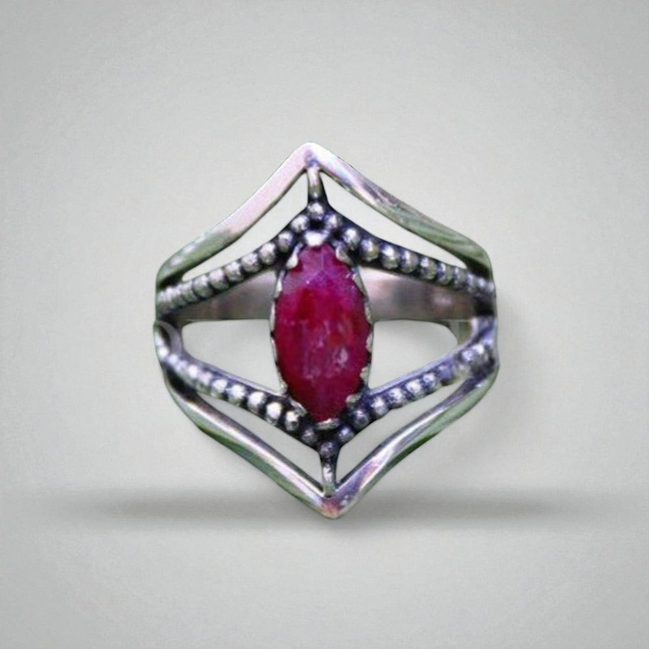 Ruby Ring Dual Chevron Sterling Silver Band Marquise Stone