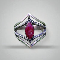 Ruby Ring Dual Chevron Sterling Silver Band Marquise Stone