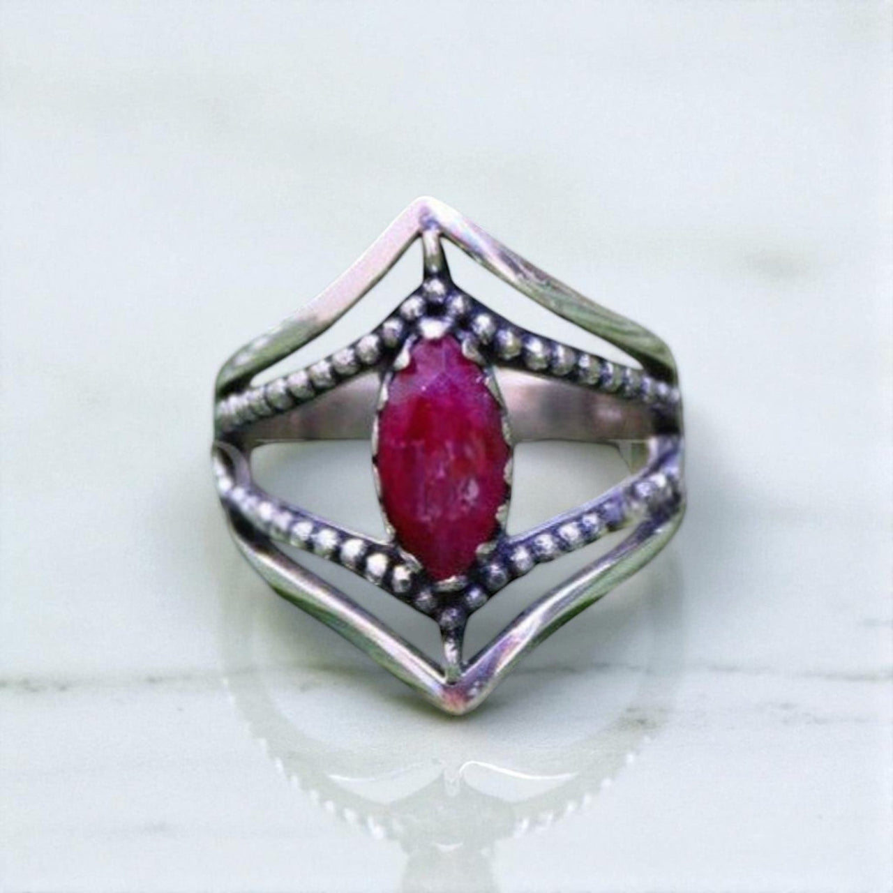 Ruby Ring Dual Chevron Sterling Silver Band Marquise Stone