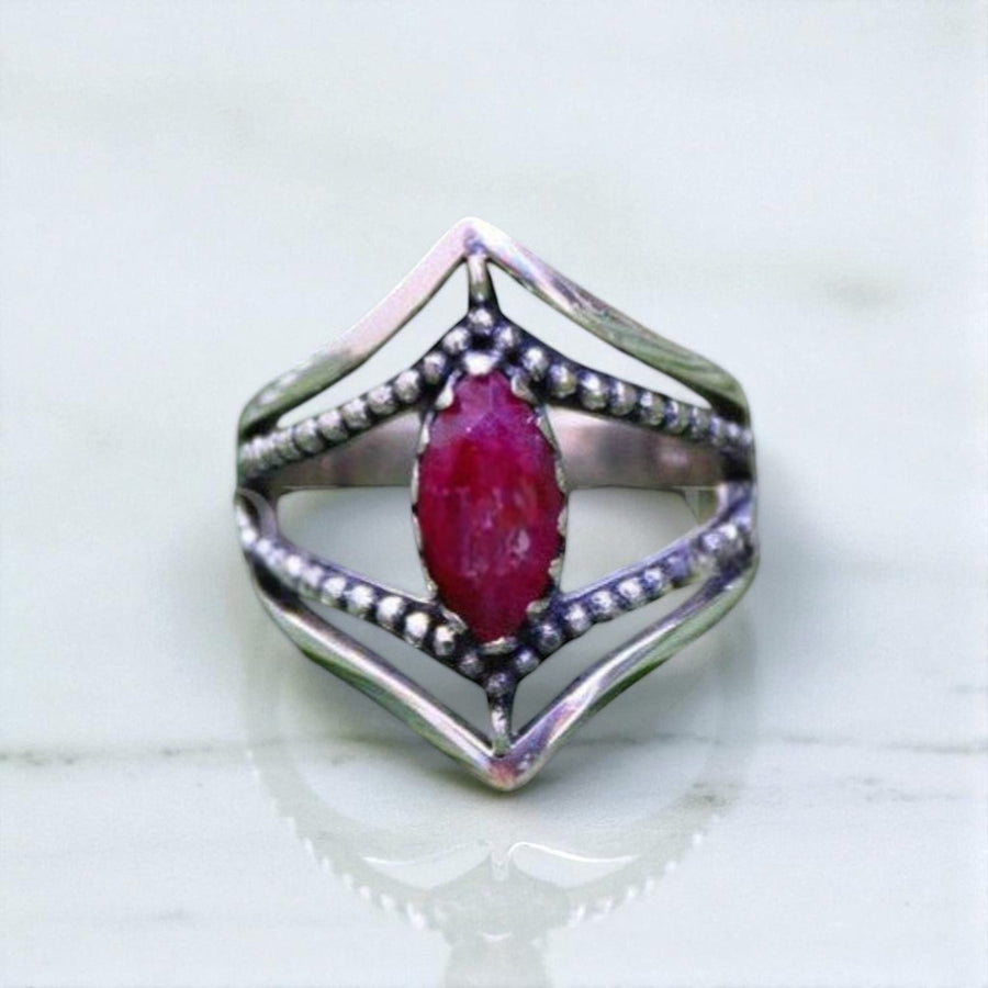 Ruby Ring Dual Chevron Sterling Silver Band Marquise Stone