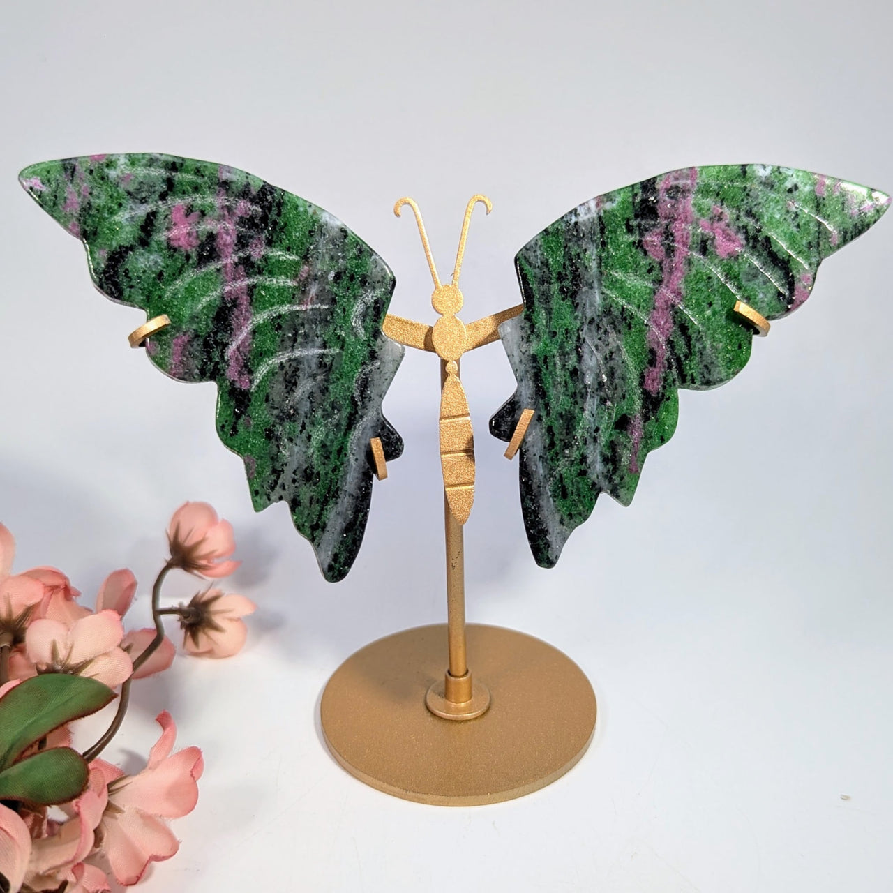 Ruby in Zoisite 5’’ butterfly jewelry stand with veined stone wings