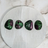 Thumbnail for Three green and purple tumbled stones on white marble plate - Ruby Zoisite .9-1’ #LV4057