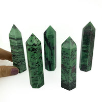 Thumbnail for A hand holding a green quartz point product named Ruby Zoisite EQ Tower #G074