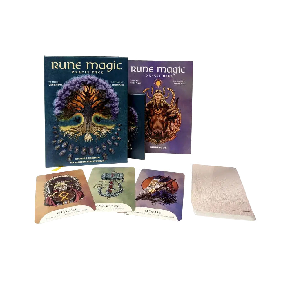 Rune Magic Oracle Deck with tree of life purple gold cover