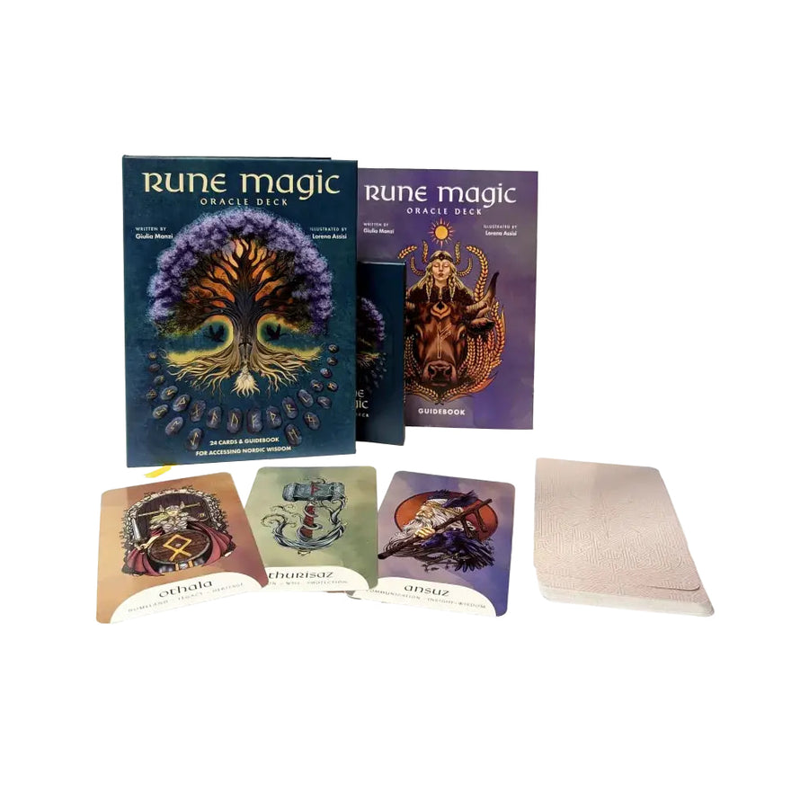 Rune Magic Oracle Deck with tree of life purple gold cover