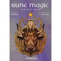 Rune Magic Oracle Deck guidebook cover with rune-adorned bull and woman