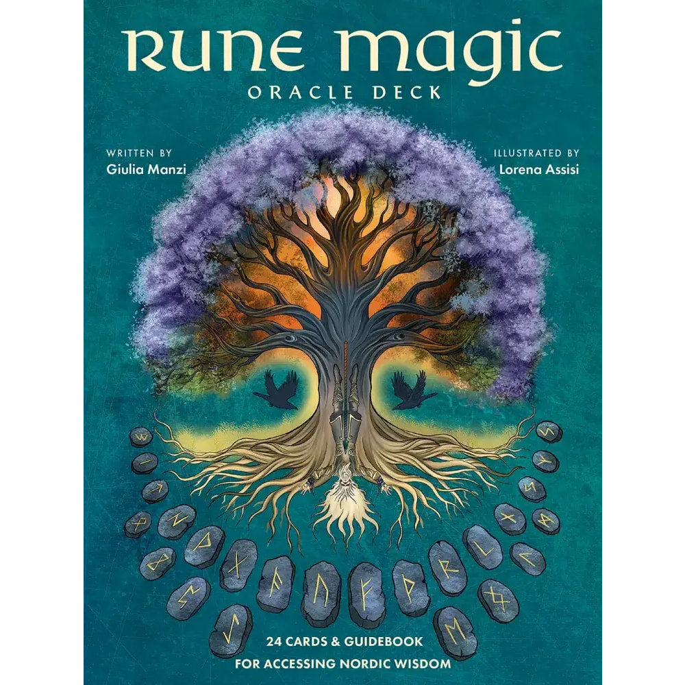 Rune Magic Oracle Deck with majestic purple tree and runes
