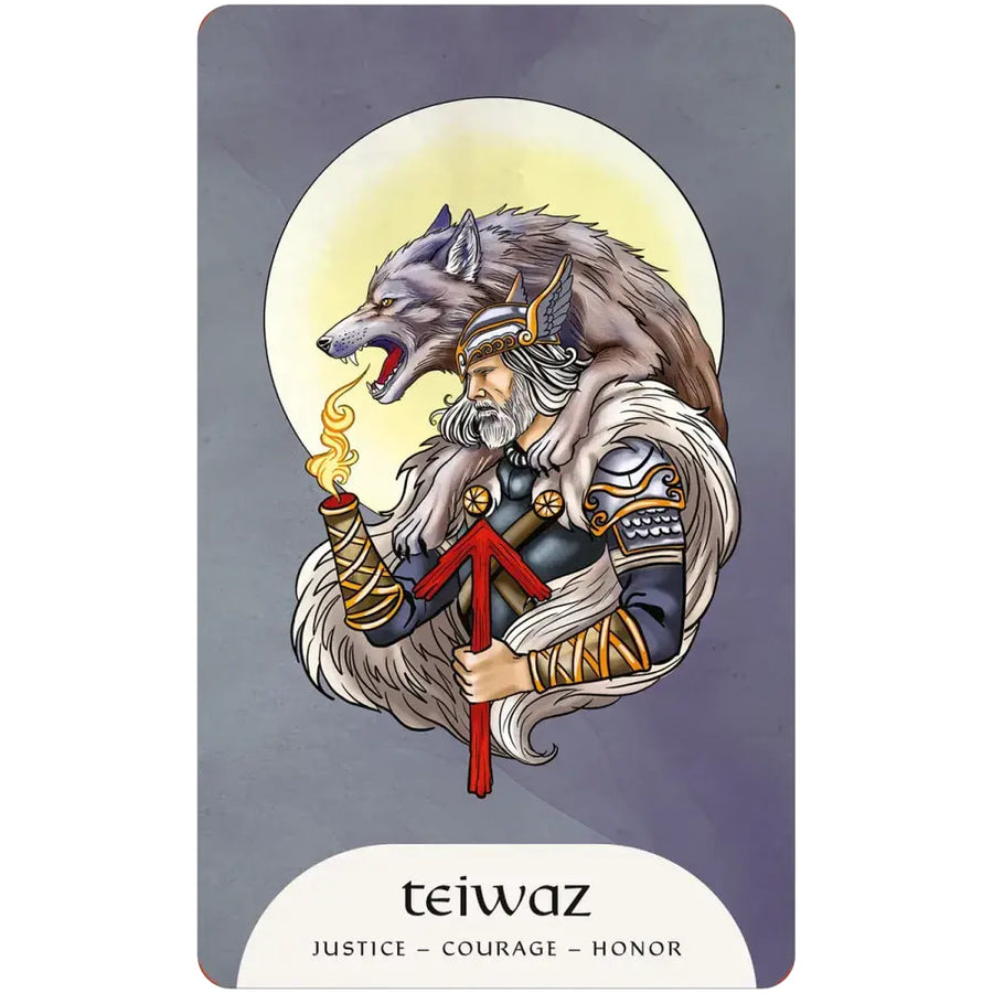 Illustrated Rune Magic Oracle Deck tarot card of bearded warrior with wolf