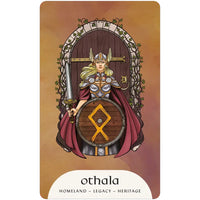 Blonde Viking woman in silver armor and maroon cape, holding sword and shield with yellow runic symbol, from Rune Magic Oracle Deck