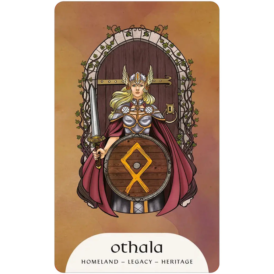 Blonde Viking woman in silver armor and maroon cape, holding sword and shield with yellow runic symbol, from Rune Magic Oracle Deck
