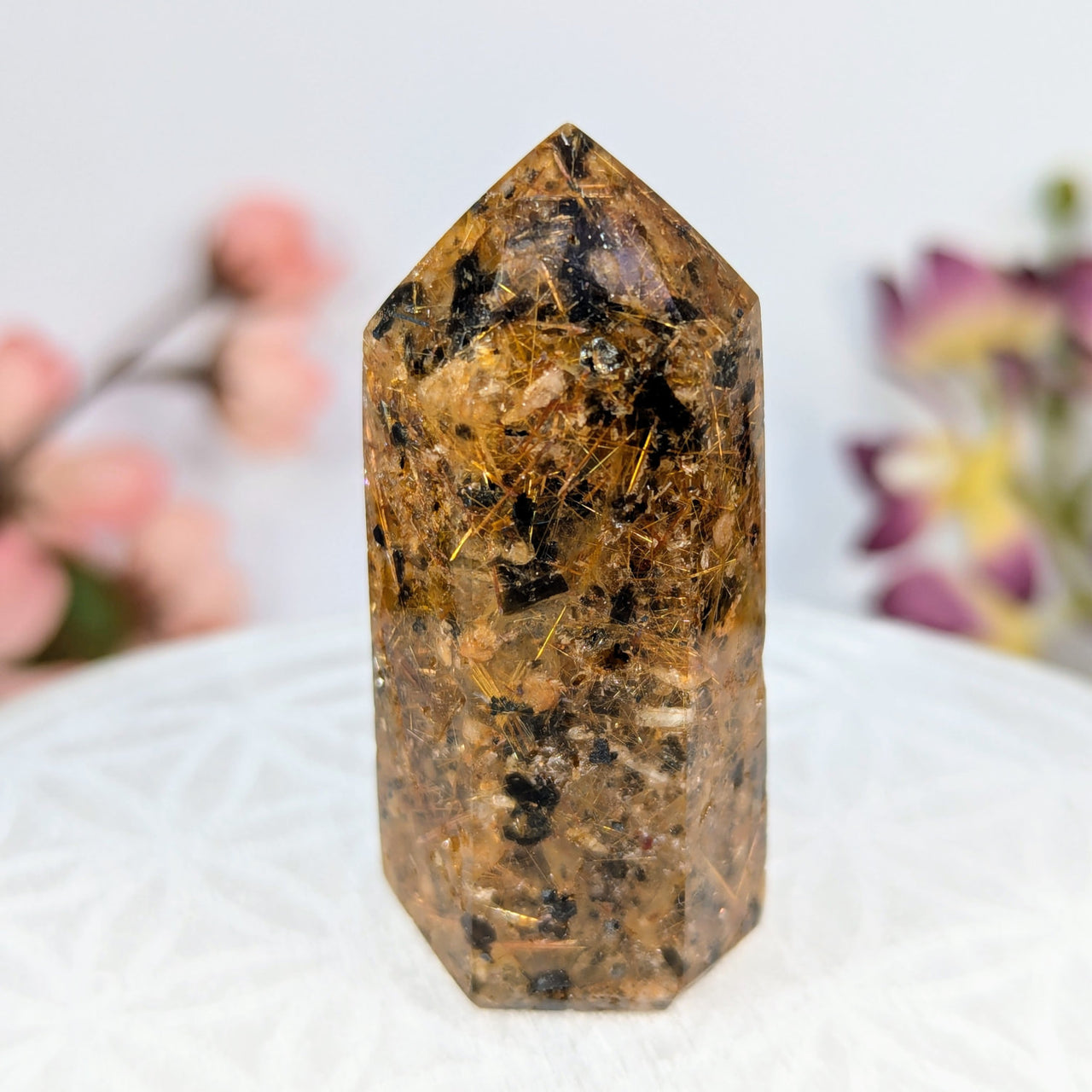 Polished Rutilated Garden Quartz crystal point with golden inclusions, 2.1 inches tall