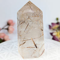 Rutilated Quartz crystal point display in the Rutilated Quartz 2.5 inch Generator Tower #LV8729
