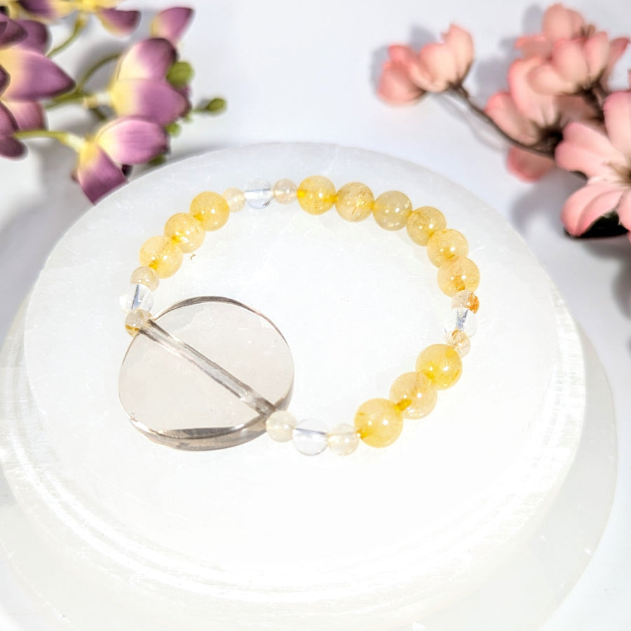 Delicate yellow rutilated quartz citrine and smoky bracelet with clear crystal clasp, 7-7.5 inches