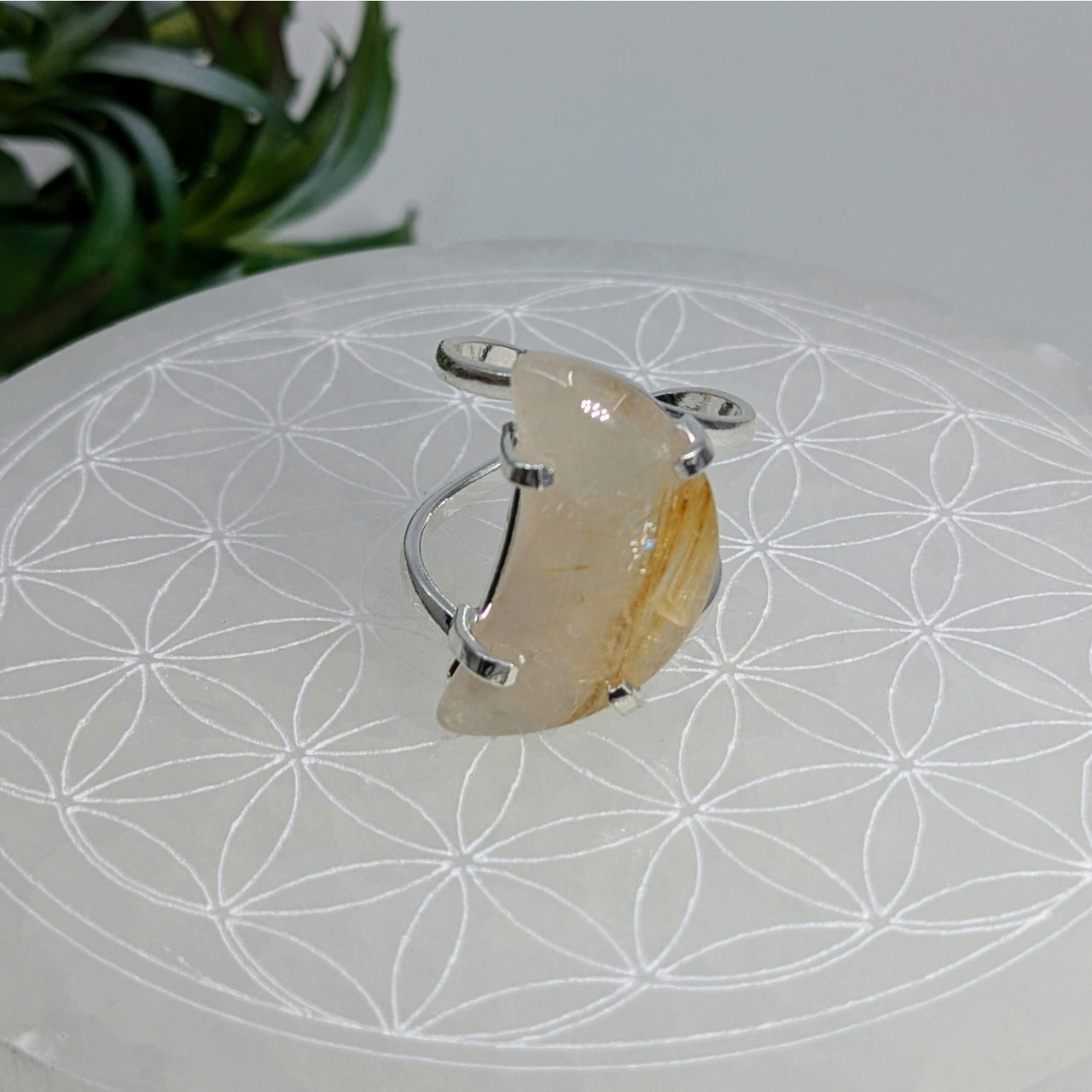 Silver ring with crescent-shaped Rutilated Quartz gemstone adjustable size Sz 8-9