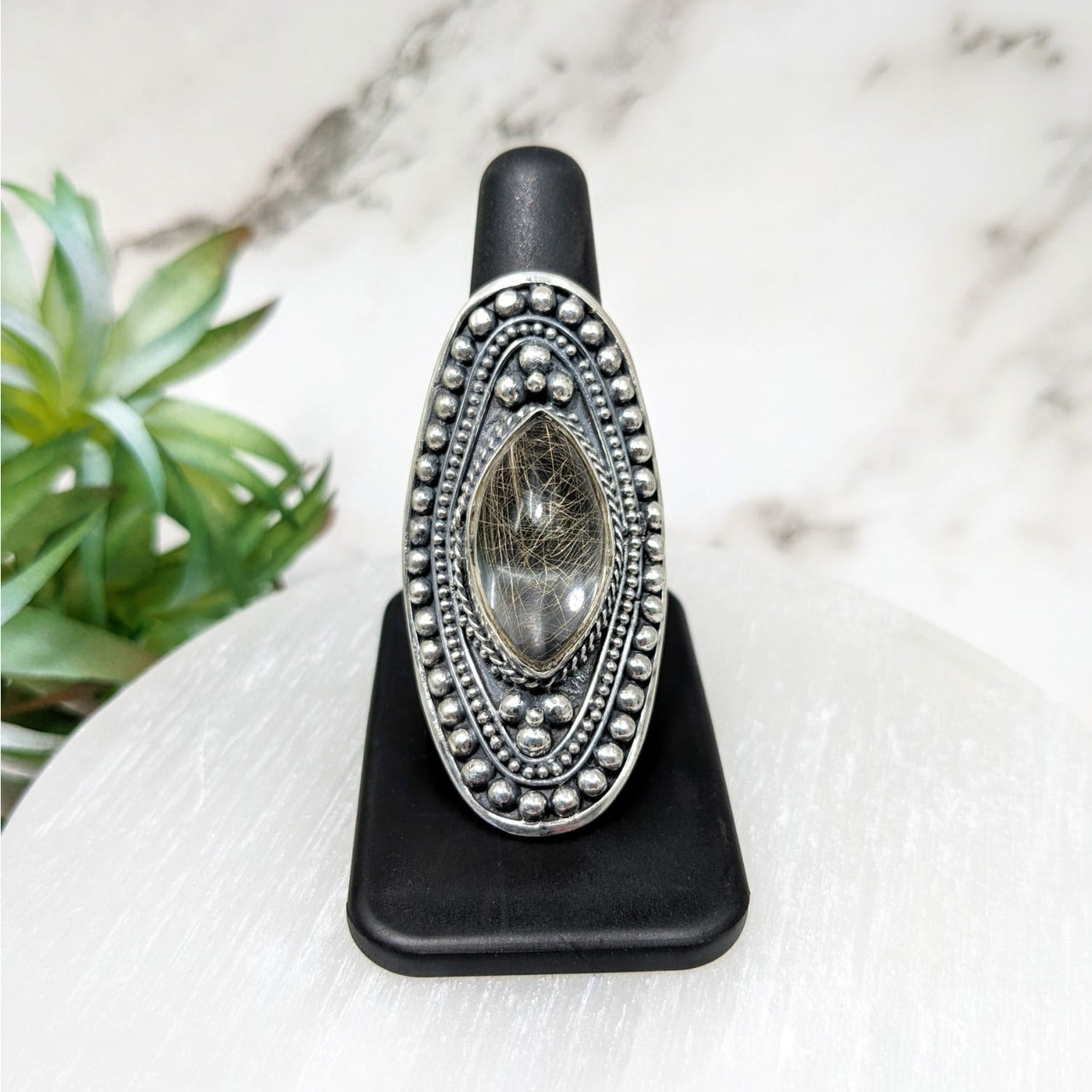 Rutilated Quartz Sz. 12 Shield Ring #LV4463 featuring a silver ring with a large oval stone