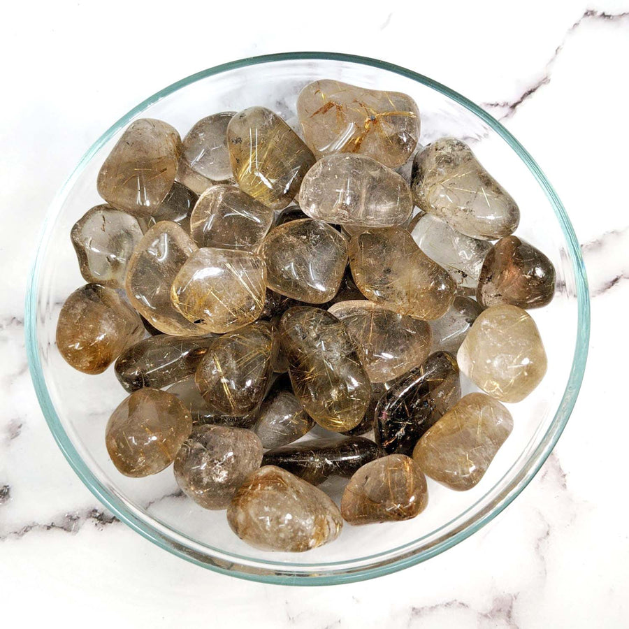 Bowl of clear quartz chips with Rutilated Smoky Quartz Tumbled Stone Grade A #LV1629