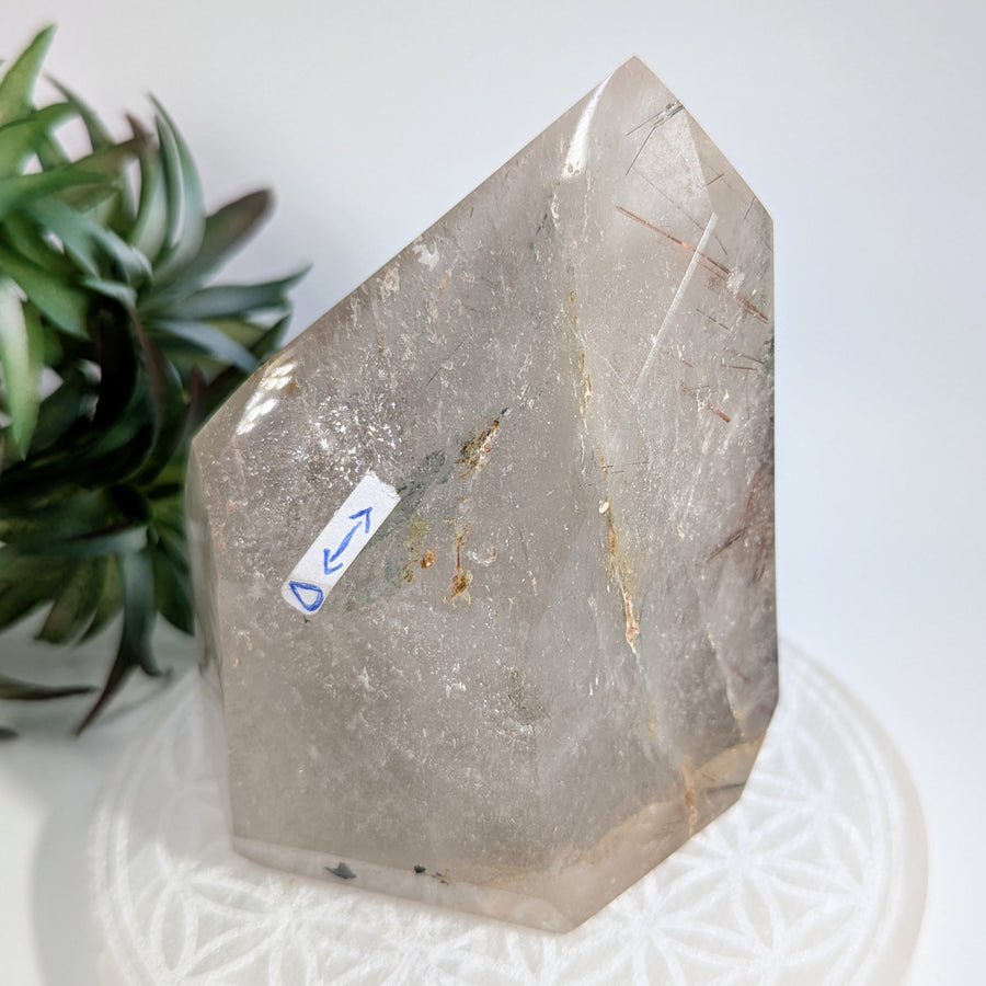 Rutilated Quartz 4.2-inch Enhydro Generator crystal point showcasing golden rutile inclusions