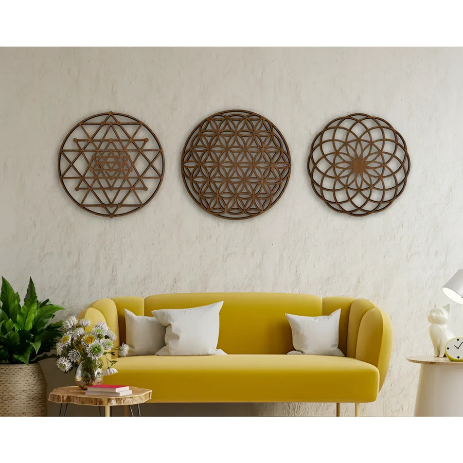 Yellow Couch in Living Room with Three Metal Flower of Life Sacred Geometry Wall Decor