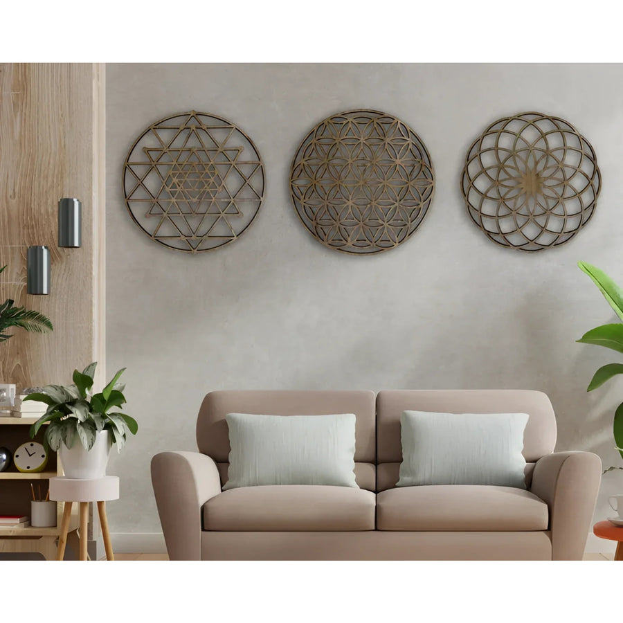 Sacred Geometry Wood Wall Decor (Light) #Q301: Three Metal Wall Art Pieces on a Wall