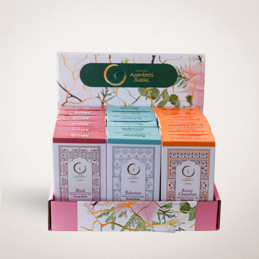 Display of Saffron Sandalwood Musk Tuberose incense box combo pack Dhoop sticks
