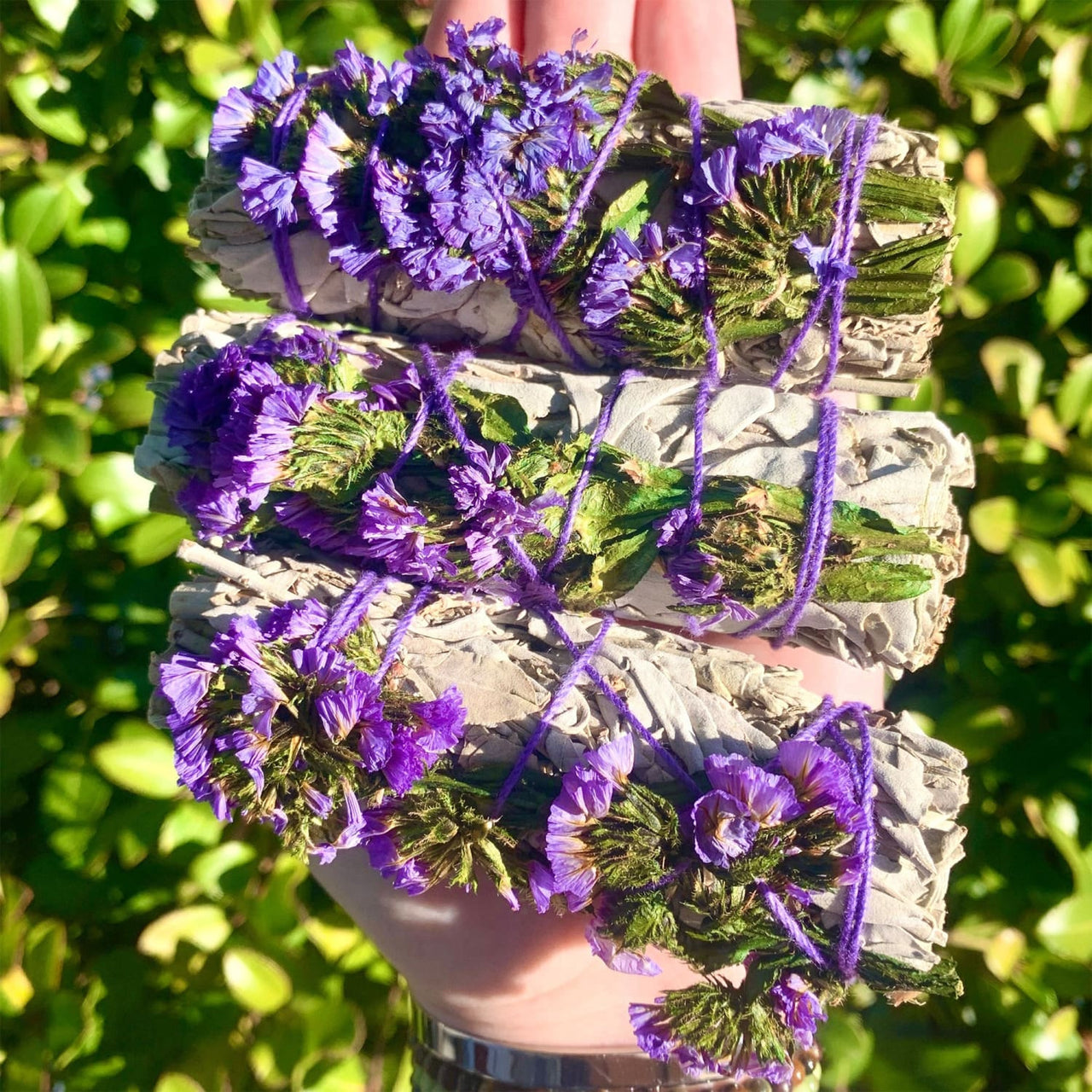 White Sage smudge stick with purple statice flowers in Sage & Herb Cleansing Bundle K120