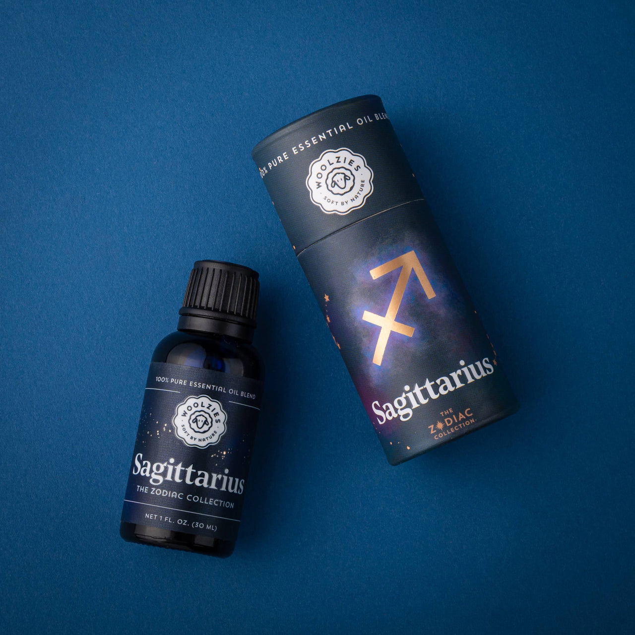 Sagittarius Zodiac Essential Oil Blend 1oz Bottle with Black Cap and Gold Star Design
